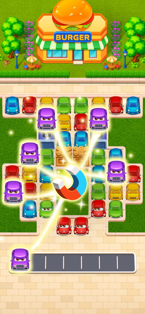 Car Sort · - Un potenciador de imán atrayendo varios coches morados en el tablero del juego de puzzle Car Sort.