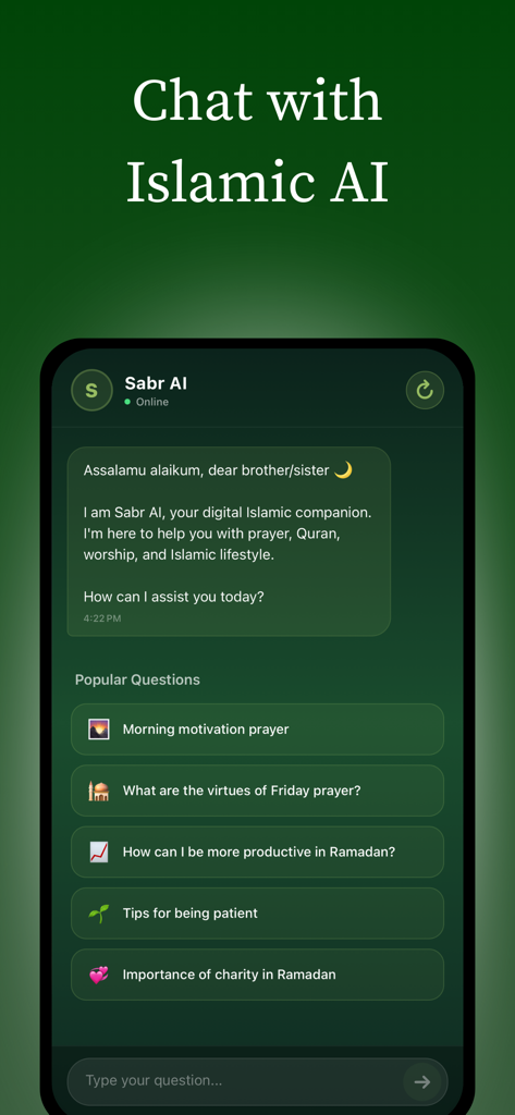 Mobile app screen of Sabr AI showing a chat interface with an Islamic AI assistant and suggested spiritual questions.