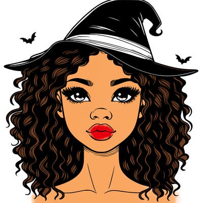 realistic black girl with wavy hair and witch hat and nose and lips