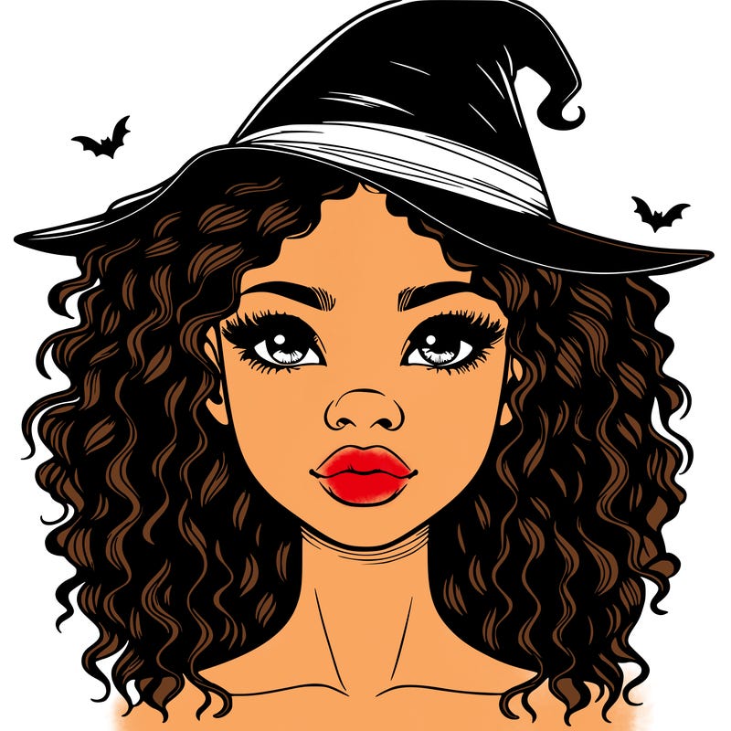 realistic black girl with wavy hair and witch hat and nose and lips