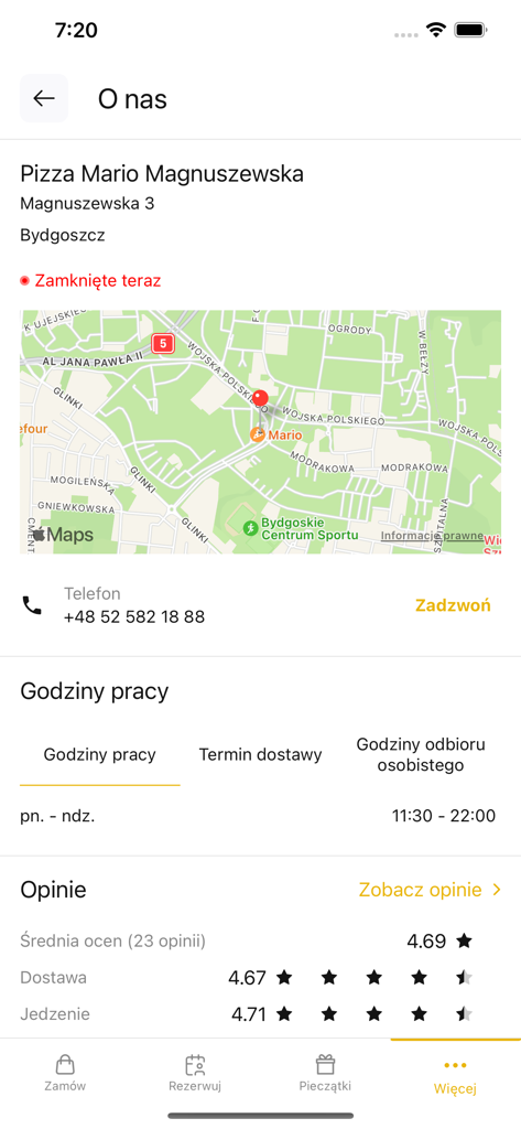 PizzaMario Bydgoszcz 모바일 앱 화면에 레스토랑 위치 지도, 영업 시간, 고객 평가 표시