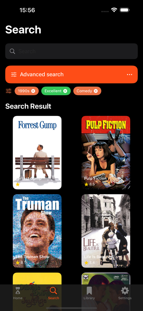 My Magis : TV & Movies By Era - Resultados de búsqueda de películas de comedia de los 90 en la interfaz de la aplicación My Magis que muestran títulos como Forrest Gump y Pulp Fiction.