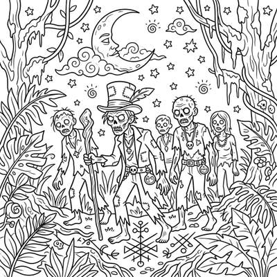 Step into a world of moonlit mystery with our Voodoo Zombies coloring page, perfect for those who love spooky nocturnal themes. This intricate design features a bokor leading their zombie entourage through an atmospheric jungle scene.