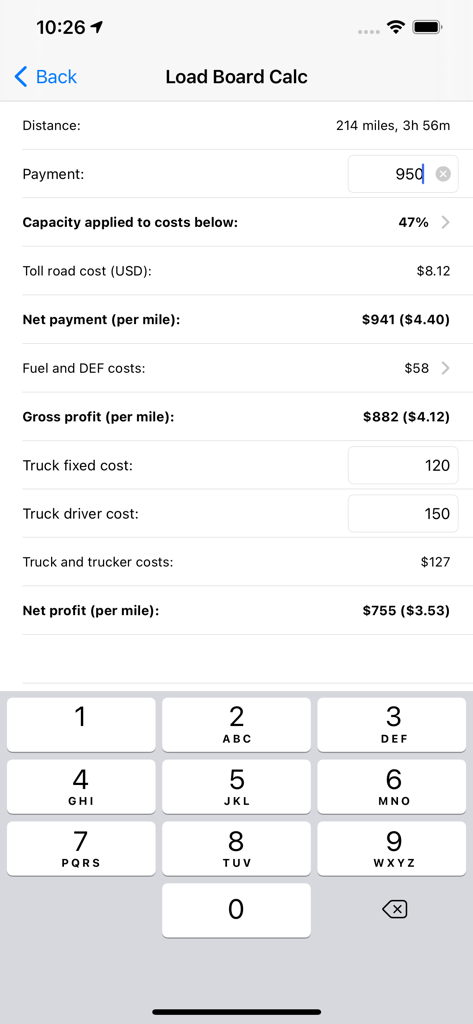 Frachtenbörsen-Gewinnrechner zeigt Nettozahlung und Bruttogewinn pro Meile für Lkw-Fahrer.