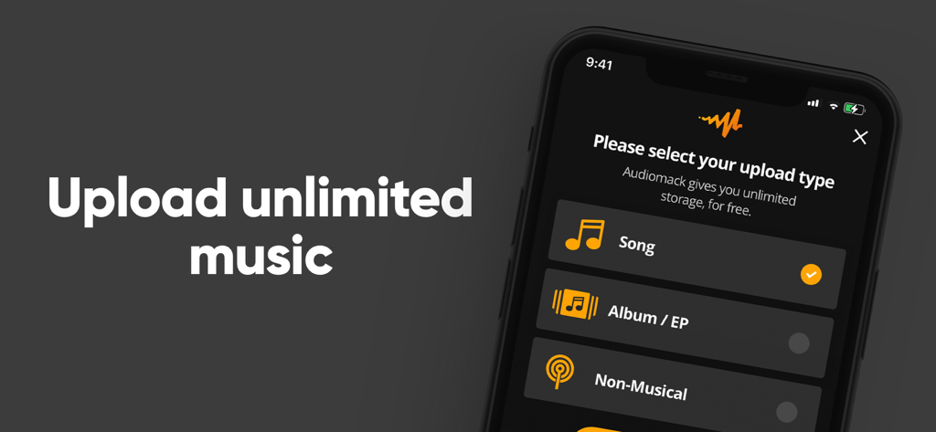 Interface do aplicativo móvel Audiomack Creator para selecionar o tipo de upload de música com armazenamento ilimitado