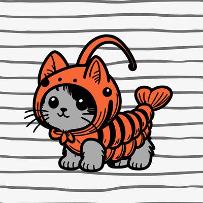 a kitten wearing a ￼shrimp costume