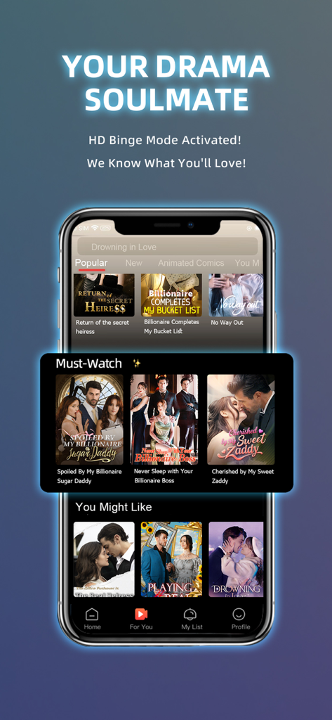 Saros TV - Shorts & Reels - Interface de l'application mobile Saros TV affichant des séries dramatiques populaires en format court et des recommandations personnalisées