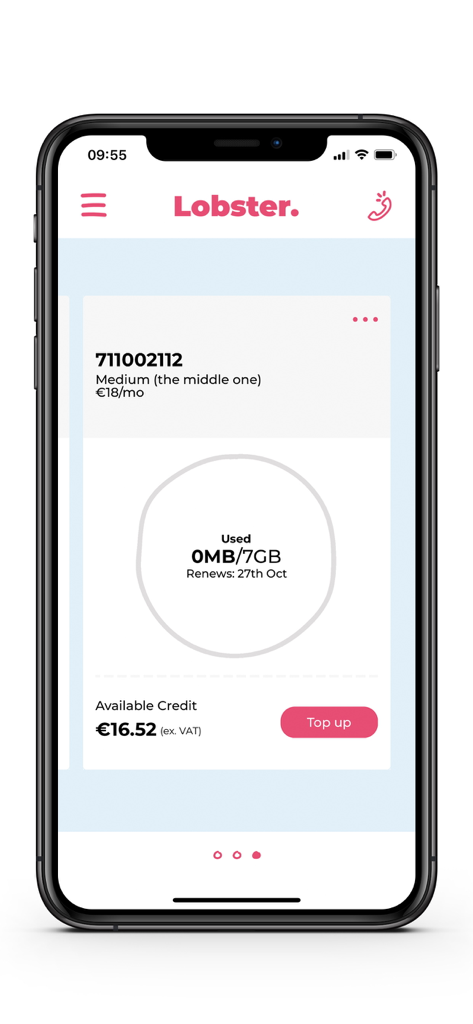 Lobster Mobile - Interfaz de la app Lobster Mobile mostrando el uso de datos y el saldo de la cuenta en inglés