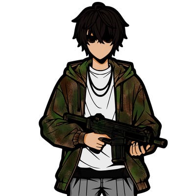 a man holding a gun with anime hair and baggy clothes
