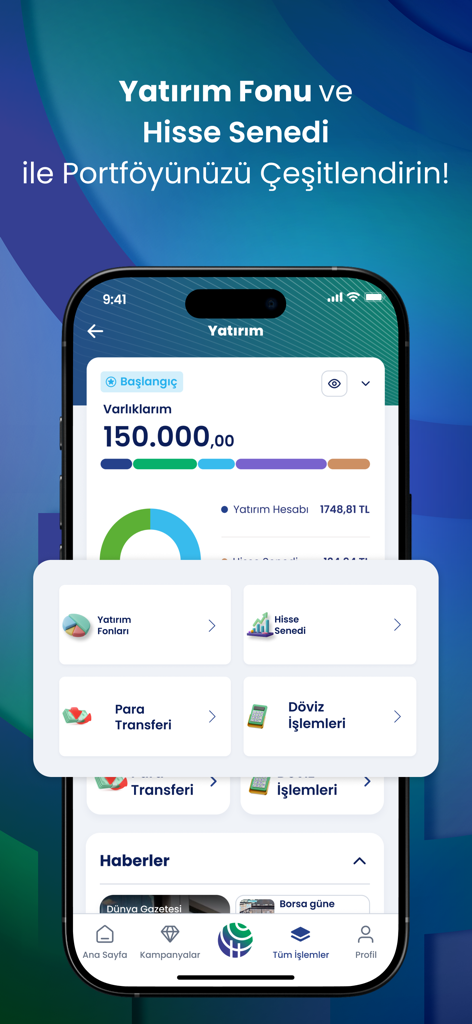 Hayat Finans - Hayat Finans mobile app dashboard showing investment portfolio assets and trading options for stocks and funds