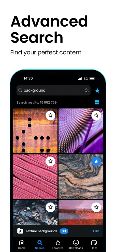 Captura de pantalla de la aplicación Depositphotos que muestra resultados de búsqueda de imágenes de fondo con una función de búsqueda avanzada.