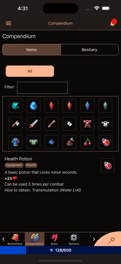 Magic Research 2 - Interface du compendium d'objets de Magic Research 2 montrant une grille d'objets et les détails d'une potion de santé