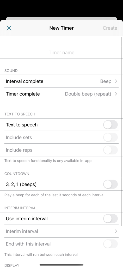Next Up Pro - Interval Timer - Configuration screen for a new interval timer with settings for text to speech sounds and interim intervals