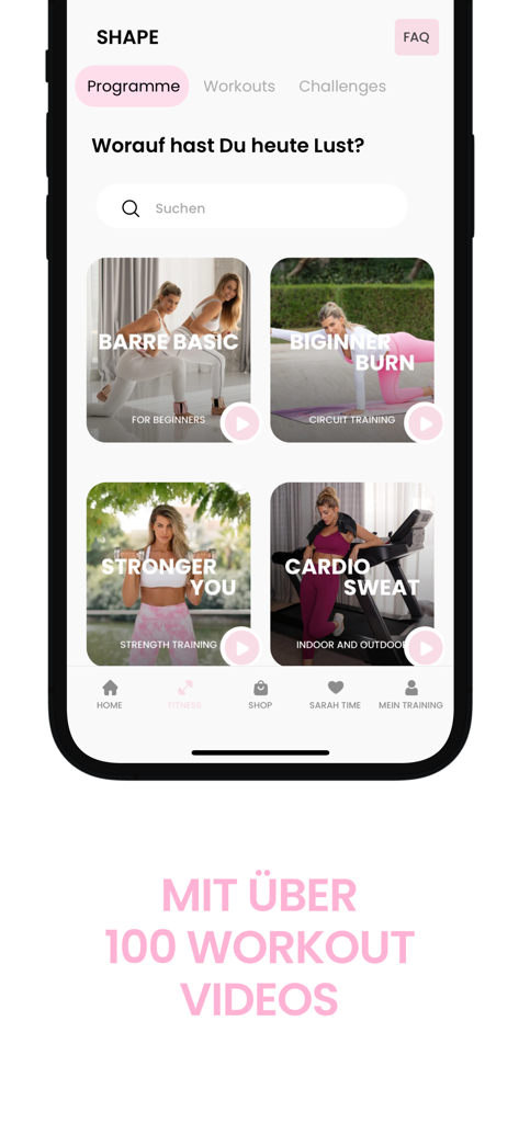 SHAPE by Sarah Harrison - Mobile app interface of SHAPE by Sarah Harrison showing fitness programs like Barre Basic and Beginner Burn with over 100 workout videos.