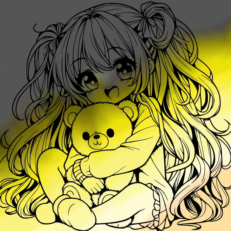 manga girl, long curly hair, happy, cuddling a teddy bear