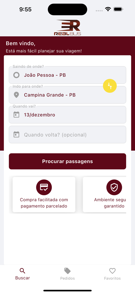 Real Bus - Tela do aplicativo Real Bus mostrando opções de busca de bilhetes de ônibus para João Pessoa e Campina Grande