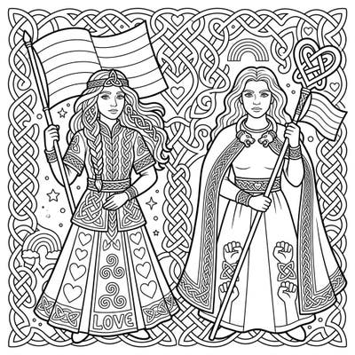 Embrace the spirit of love and diversity with this unique coloring page featuring powerful Celtic Queens. Adorned with symbols of Pride, these regal figures inspire creativity and celebration.