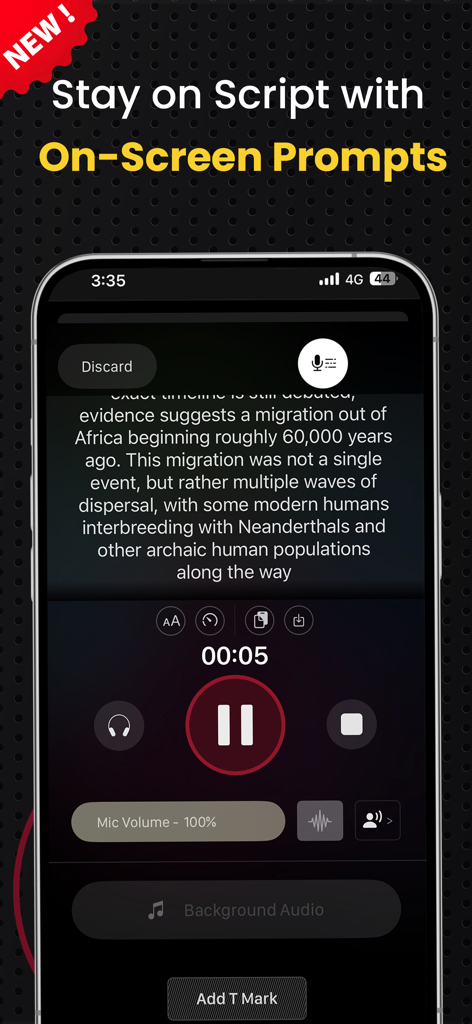 AudiOn: Voice Recorder & Memos - Interface de l'application AudiOn montrant la fonction d'invites à l'écran utilisée pour lire un script tout en enregistrant de l'audio.