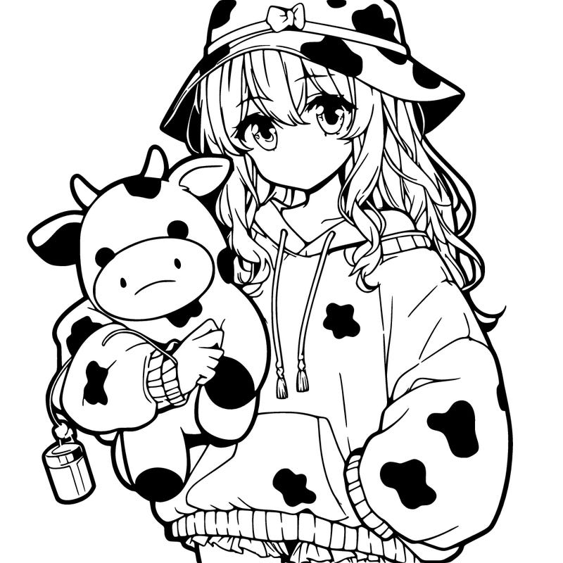 one anime girl, wearing a oversized cow sweater with a cow bucket hat, holding a cow plush