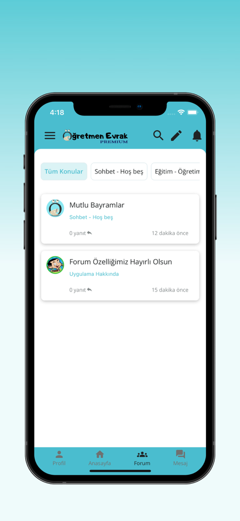 Interface of the Ogretmen Evrak mobile app showing the teacher community forum and discussion topics