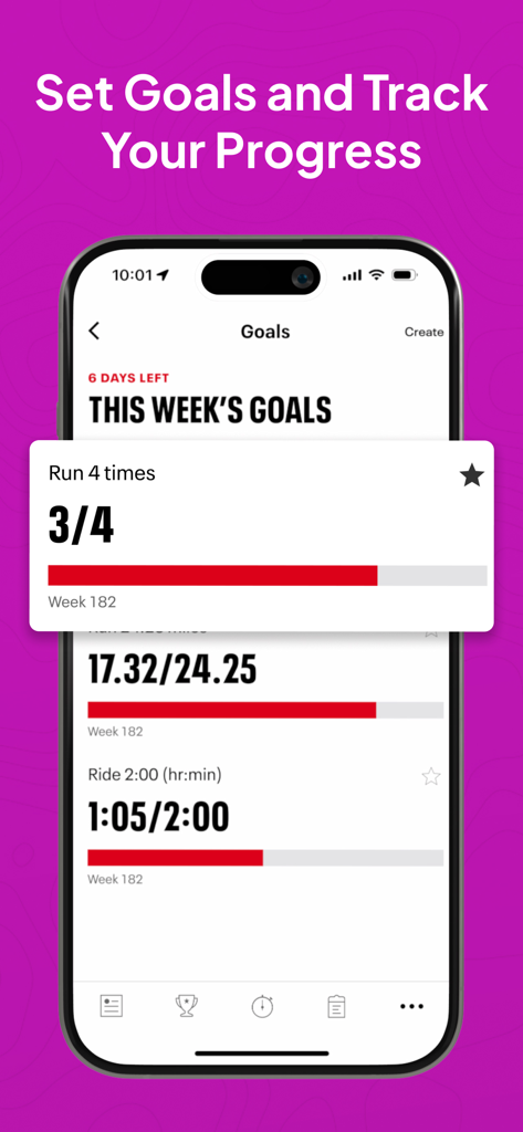 Map My Walk: Walking Tracker - Map My Walkアプリのインターフェース。スマートフォンに週ごとのエクササイズ目標と進捗バーが表示されている。