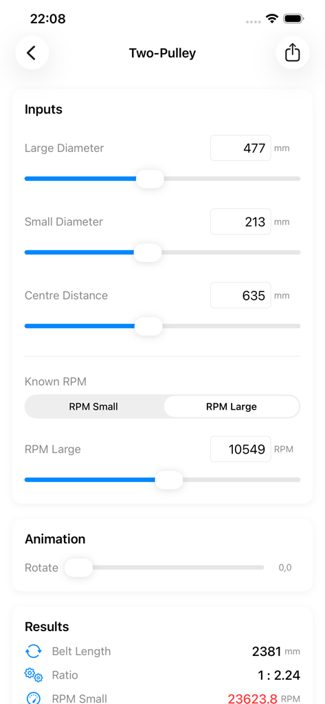 Pulley and Belt Calculator - Two-pulley calculation screen in the Pulley and Belt Calculator app showing inputs for diameters and center distance with calculated results.