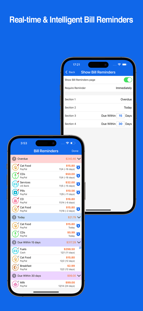 Two iPhones displaying the Bills Monitor app interface with categorized lists of overdue and upcoming bill reminders.