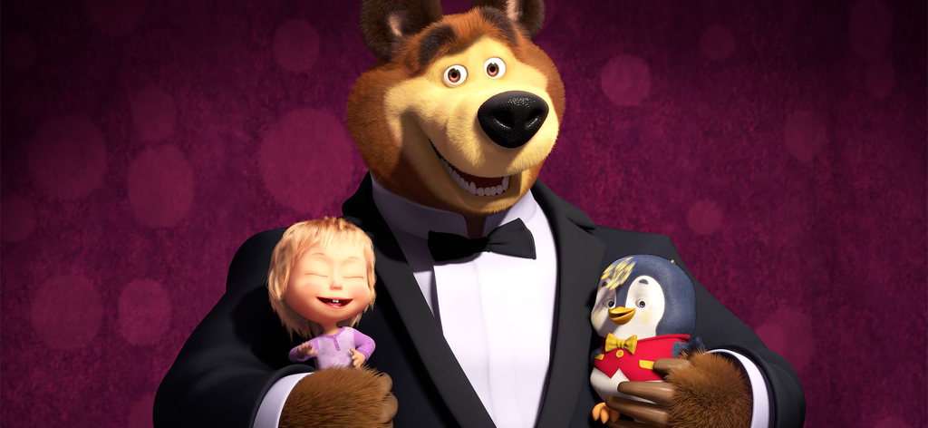 Masha and the Bear AI for Kids - O Urso de smoking segurando Masha e um pinguim