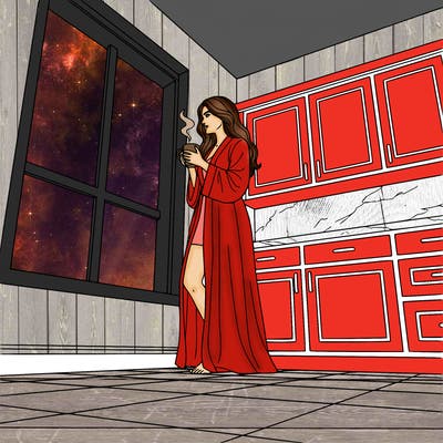 realistic woman sipping tea or coffee by a window in her kitchen. woman wearing a long robe with long hair. kitchen with tile flooring, marble countertops and wooden cabinets.