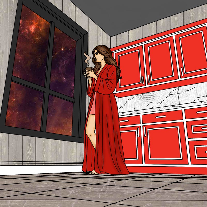 realistic woman sipping tea or coffee by a window in her kitchen. woman wearing a long robe with long hair. kitchen with tile flooring, marble countertops and wooden cabinets.