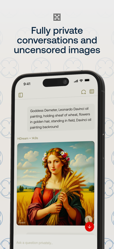 Venice AI - Interfaz de la app Venice AI mostrando chat privado generando una pintura al óleo de la Diosa Deméter
