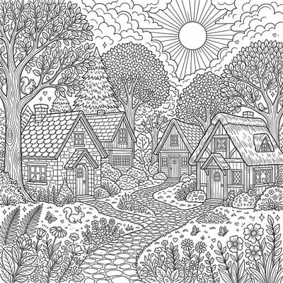 Discover the charm of a summer day in the woods with this delightful coloring page featuring quaint woodland cottages. Immerse yourself in a scene filled with lush trees, vibrant wildflowers, and adorable forest friends, ready for your artistic touch.