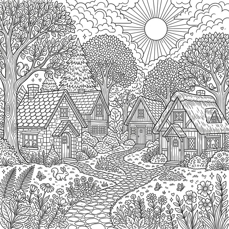 Discover the charm of a summer day in the woods with this delightful coloring page featuring quaint woodland cottages. Immerse yourself in a scene filled with lush trees, vibrant wildflowers, and adorable forest friends, ready for your artistic touch.