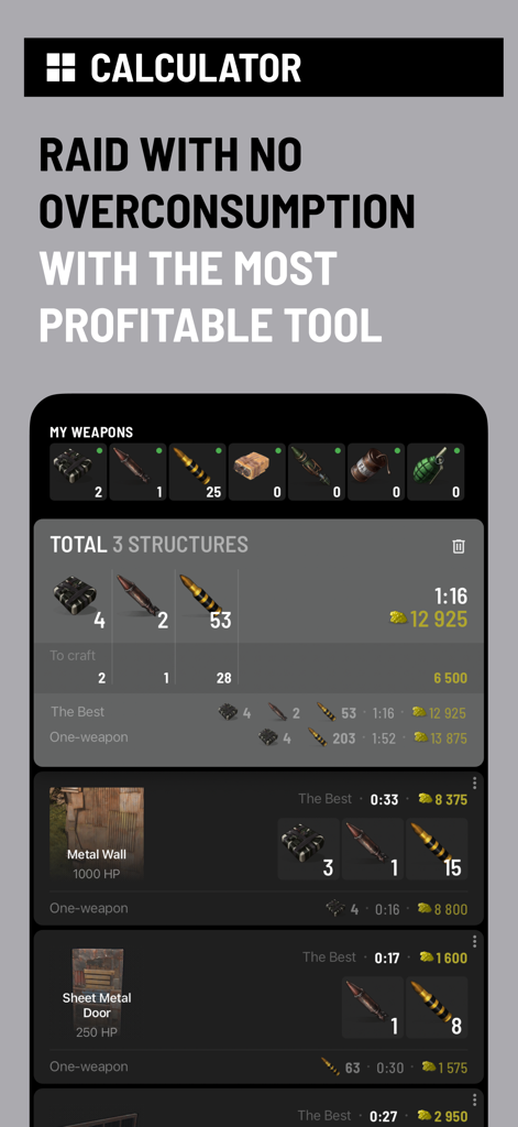 Raidboi-1129: Rust Calculator - Interface do aplicativo Raidboi mostrando a calculadora de raides para Rust com otimização de recursos de armas e estruturas