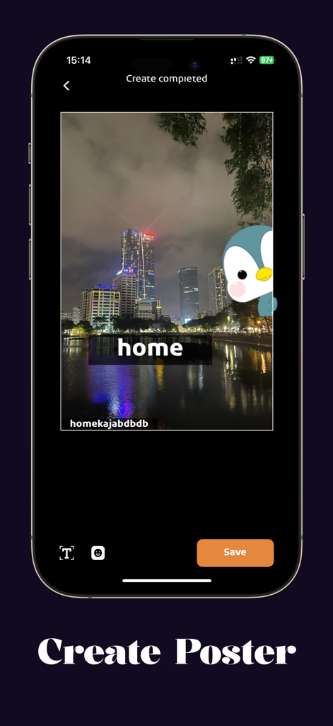 Seeker app interface showing the retro movie poster creation tool with a night city photo