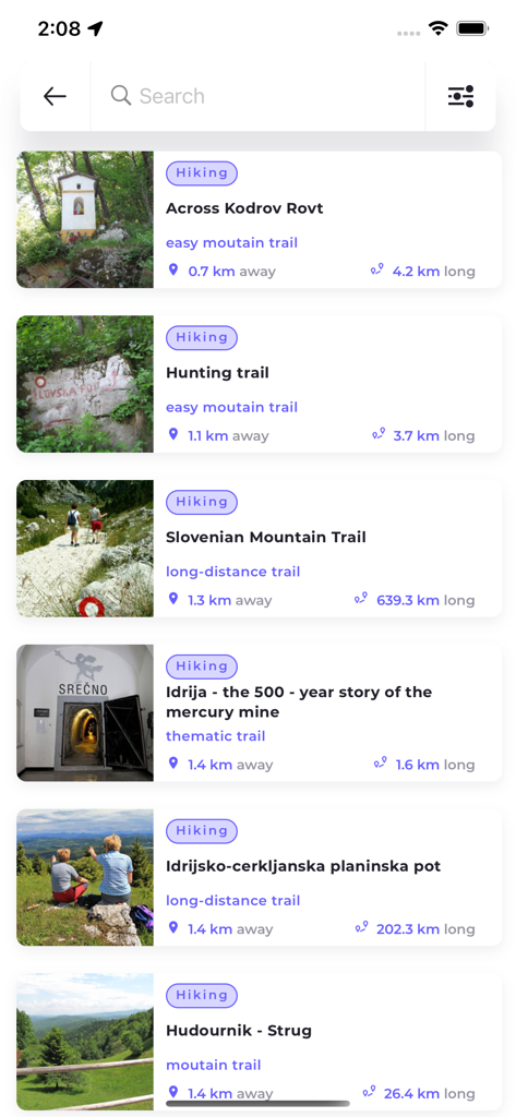 Monolit2Go - A list of various hiking trails in Slovenia featured on the Monolit2Go mobile application.