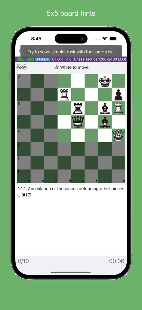 Chess King - Learn to Play - Chess King App-Oberfläche, die ein taktisches Schachrätsel mit interaktiven Hinweisen und Figuren auf einem Brett anzeigt