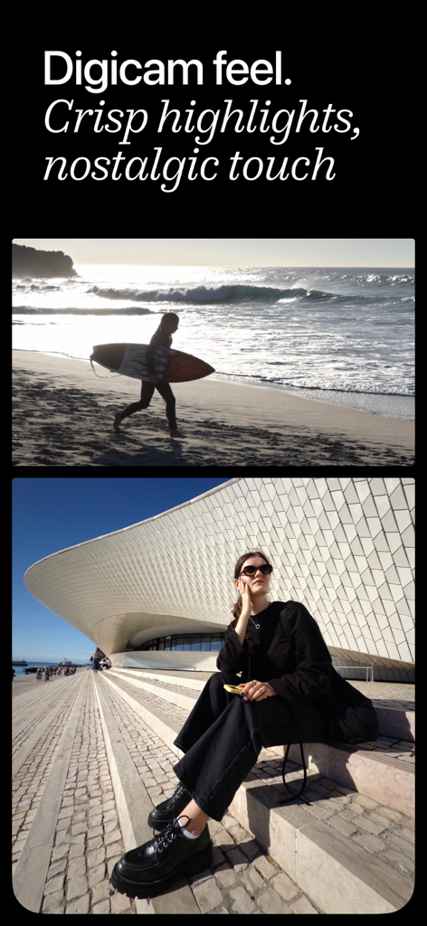 Lampa — Digital & Film Camera - Two photos demonstrating nostalgic digicam highlights with a surfer on a beach and a person at a modern architectural site