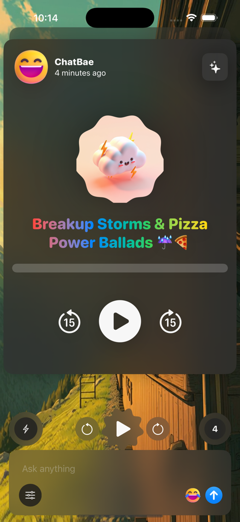Audio player interface in ChatBae AI app featuring a creative playlist titled Breakup Storms and Pizza Power Ballads
