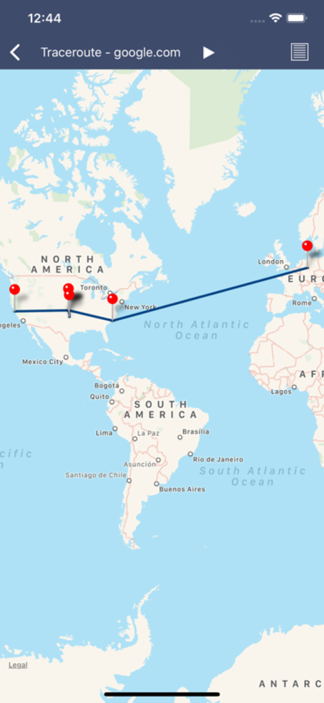 Network Toolbox Net security - Un mapa visual de traceroute que muestra la ruta de red desde América del Norte a Europa para google.com