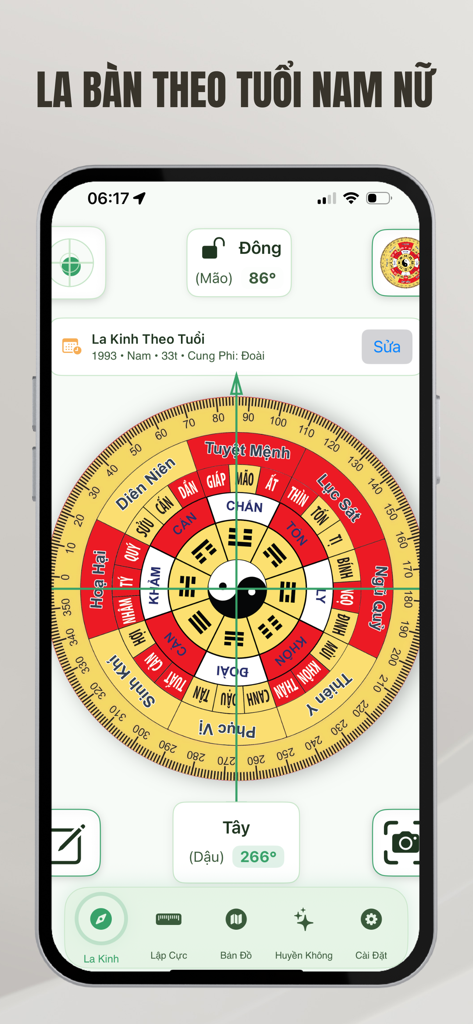 Feng Shui Compass Bach Viet - A professional digital Feng Shui compass interface on a mobile phone displaying a detailed Luopan with Vietnamese text