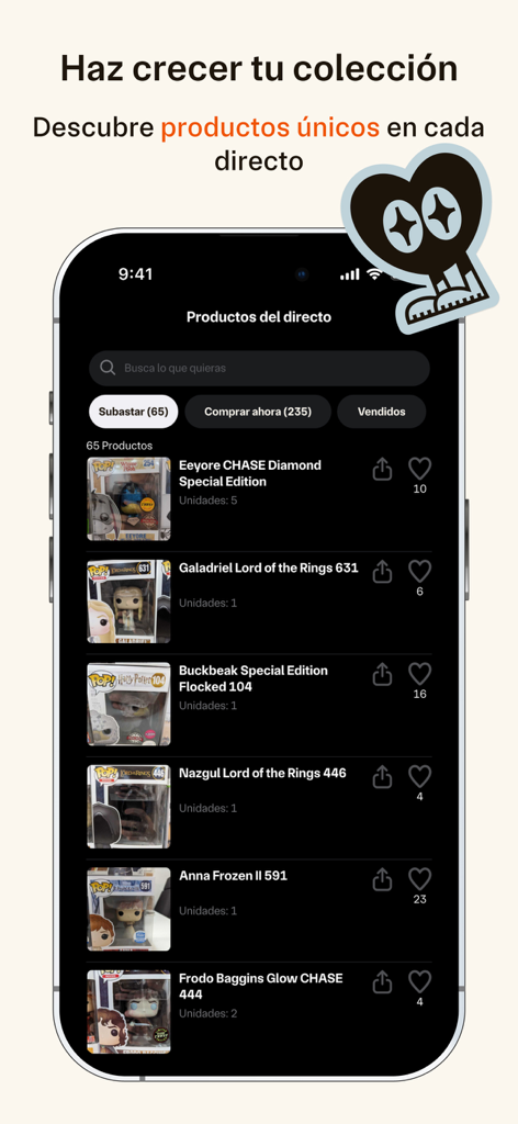 Interfaz de la aplicación móvil Geek mostrando una lista de coleccionables Funko Pop únicos disponibles para pujar en una transmisión de subasta en vivo