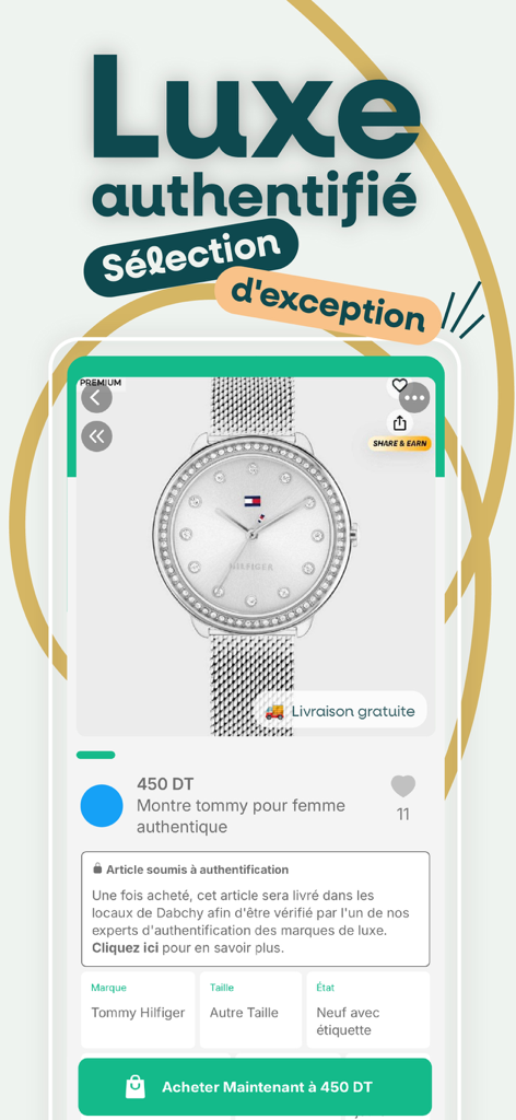 Dabchy app interface displaying an authenticated Tommy Hilfiger luxury watch for sale.