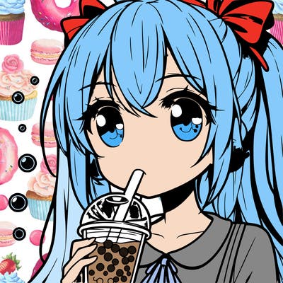 an anime girl drinking a bubble tea