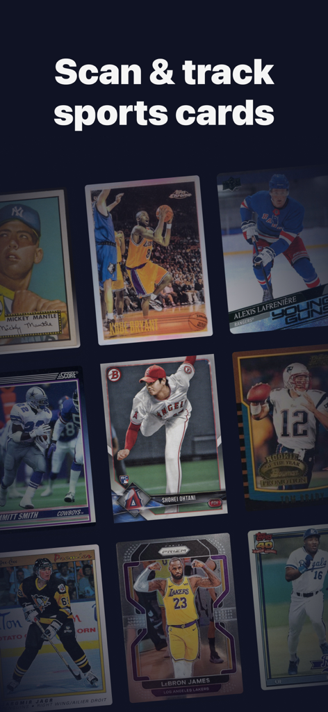 Sports cards scanner: Scardo - Promotional screen for the Scardo app displaying a collection of various sports cards with the text Scan and track sports cards
