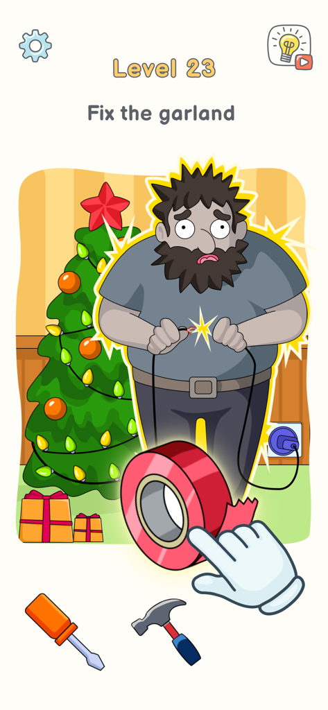 DOP 3: Displace One Part - Homem de desenho animado recebendo um choque elétrico enquanto conserta uma guirlanda de Natal no jogo DOP 3