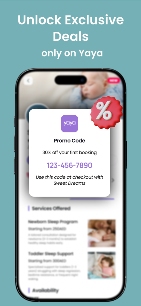 Yaya: Find a Nanny - Yayaアプリの画面。最初のベビーケア予約に対する30％割引プロモコードが表示されています。