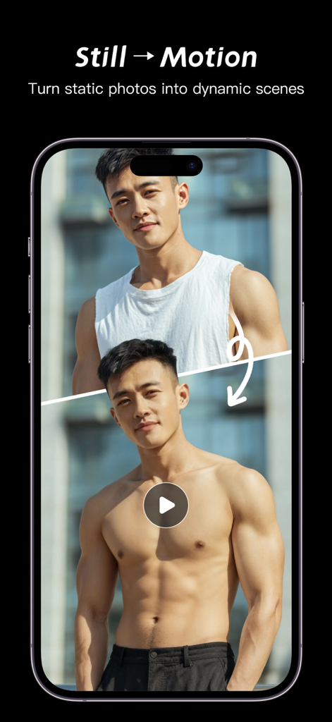 Image To Videos AI - Una pantalla de teléfono móvil que muestra la transformación de una foto fija de un hombre en una escena de video dinámica utilizando tecnología IA