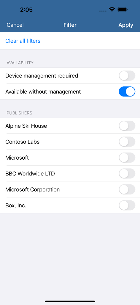 Tela de filtro no aplicativo Intune Company Portal mostrando opções de disponibilidade e publicador