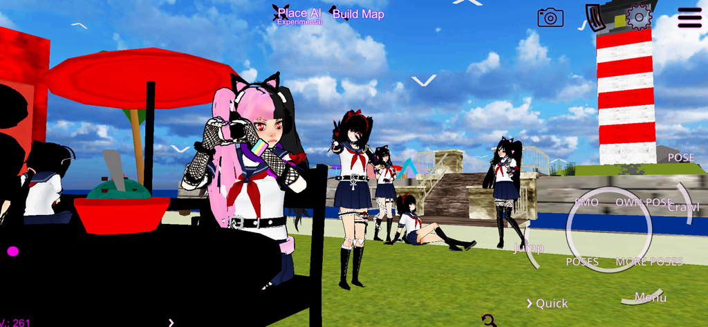 Anime schoolgirls in custom outfits posing in a virtual sandbox world with a lighthouse.